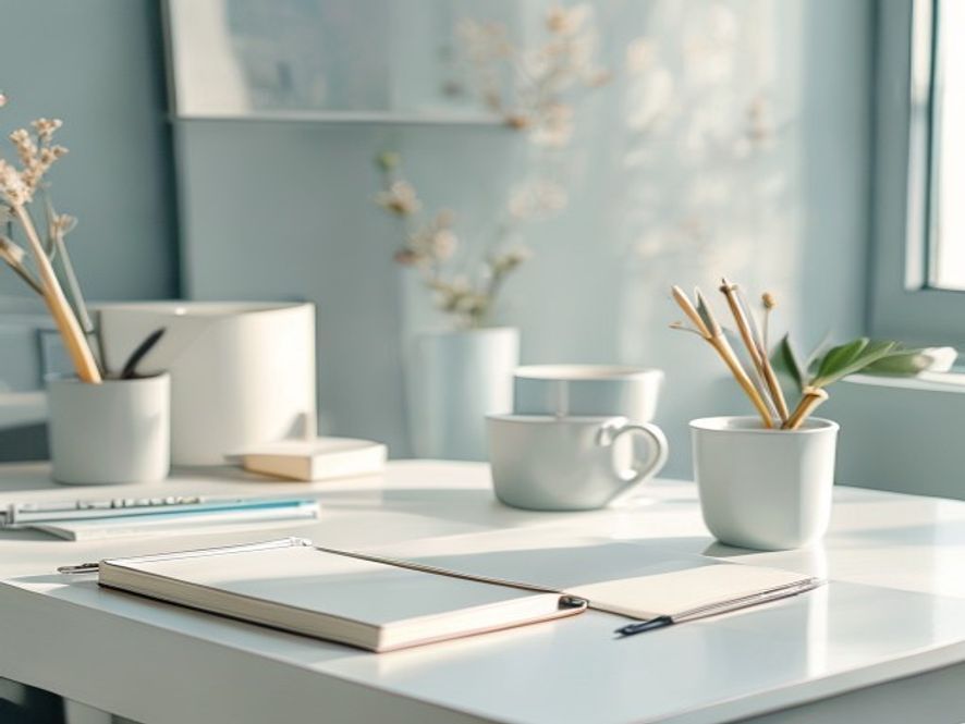 Organised workspace with educational materials and notebook